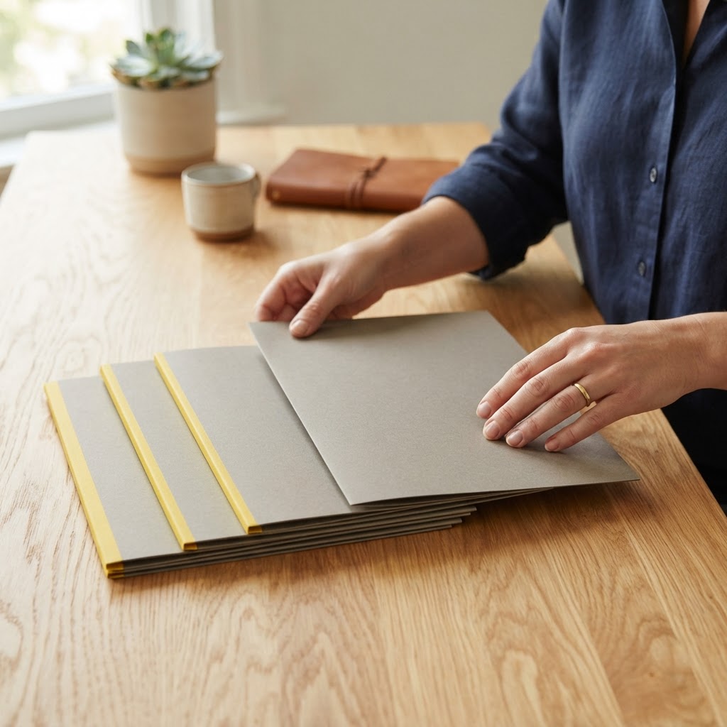 Hands neatly organizing professional folders on a light oak desk