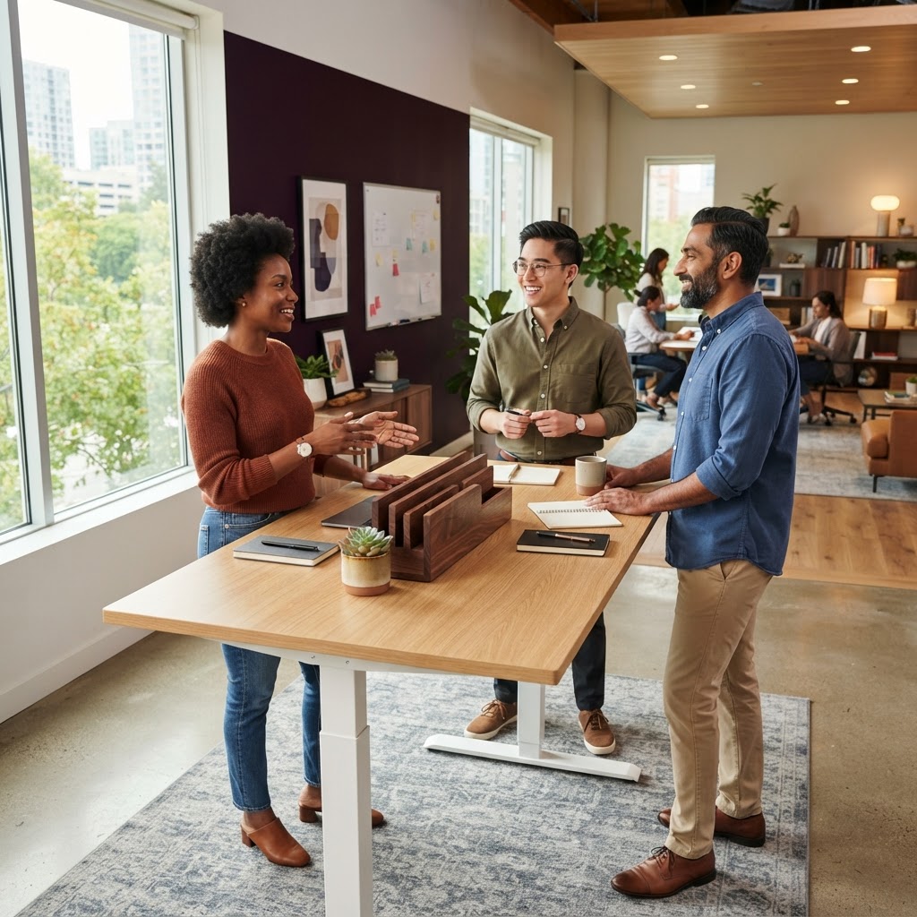A diverse team collaborating in a modern sunlit office