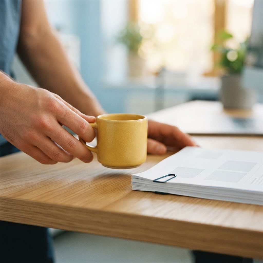 Close up of a clean organized desk with a yellow mug