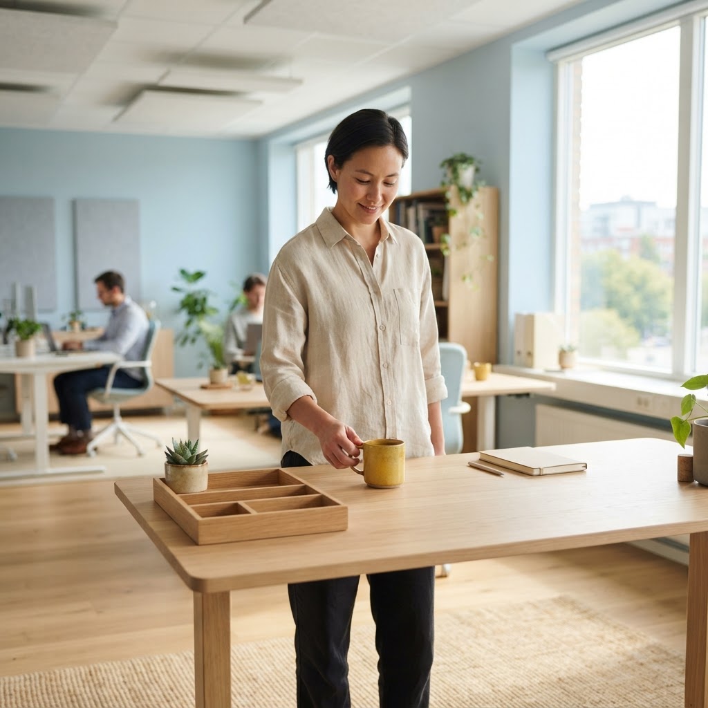 A person organizing a clean, sunlit startup office desk