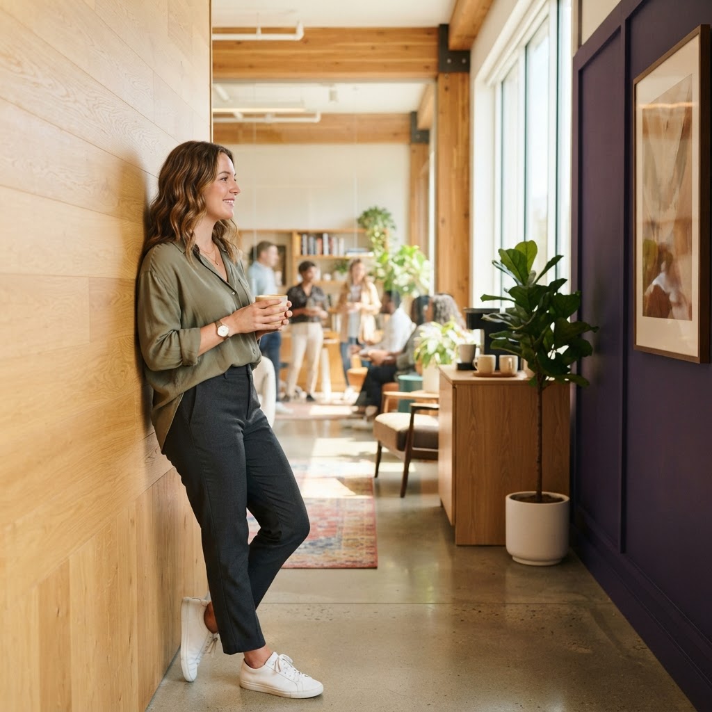 A team member relaxing in a sunlit modern office space