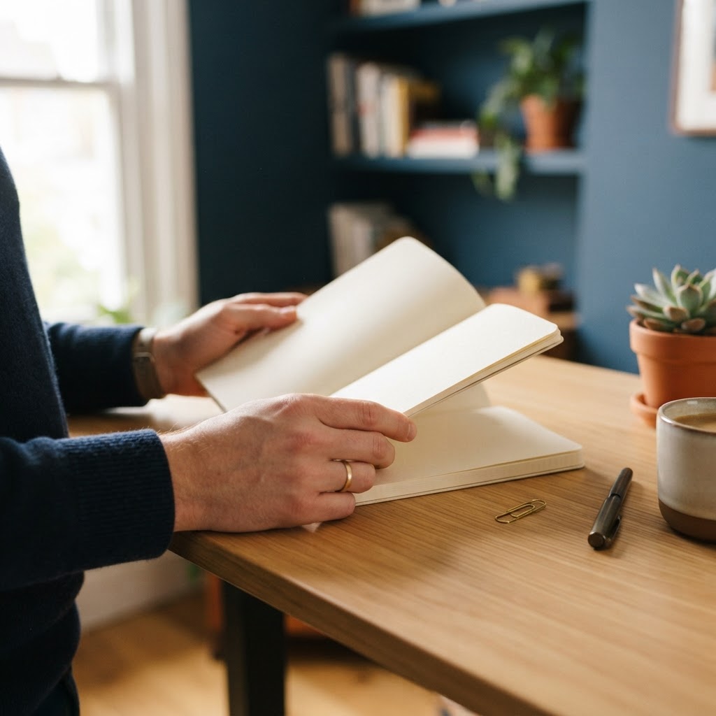 Close up of hands preparing a blank notebook at a wooden desk