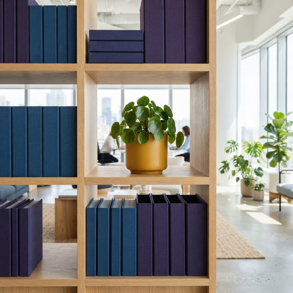 Neat office shelving with organized folders and a plant