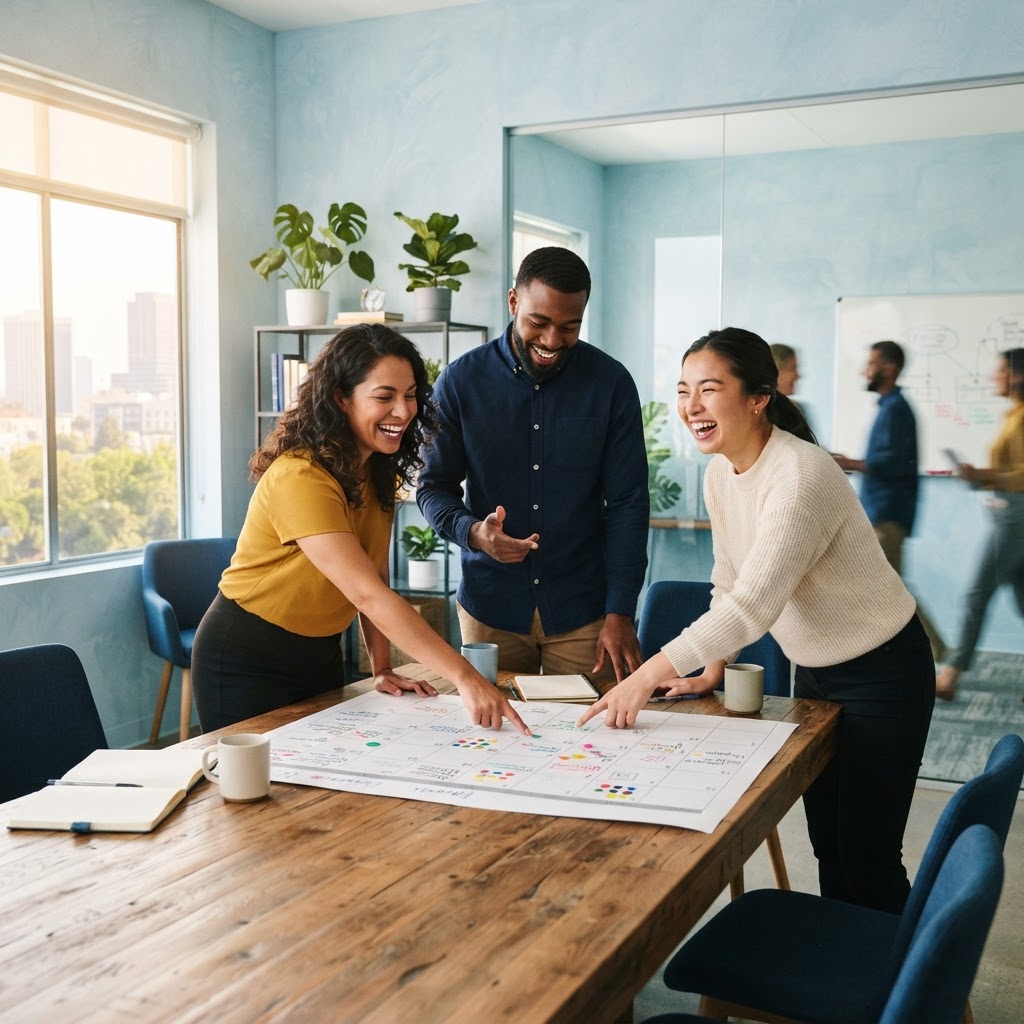 Diverse team collaborating around a large physical calendar