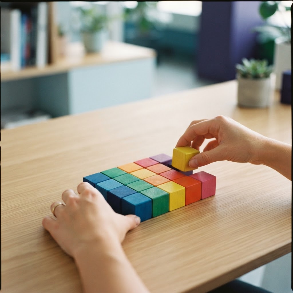 Hands organizing wooden blocks on a desk