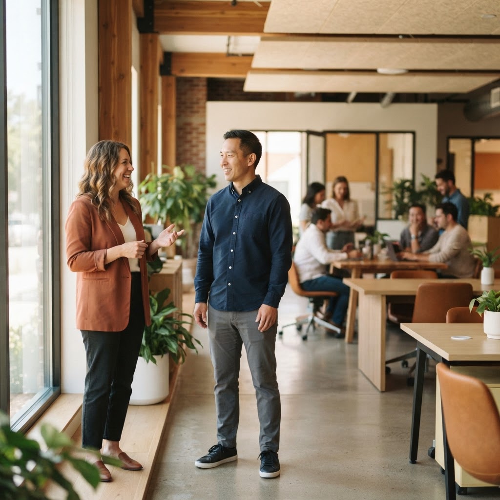 Two coworkers talking in a bright modern workspace