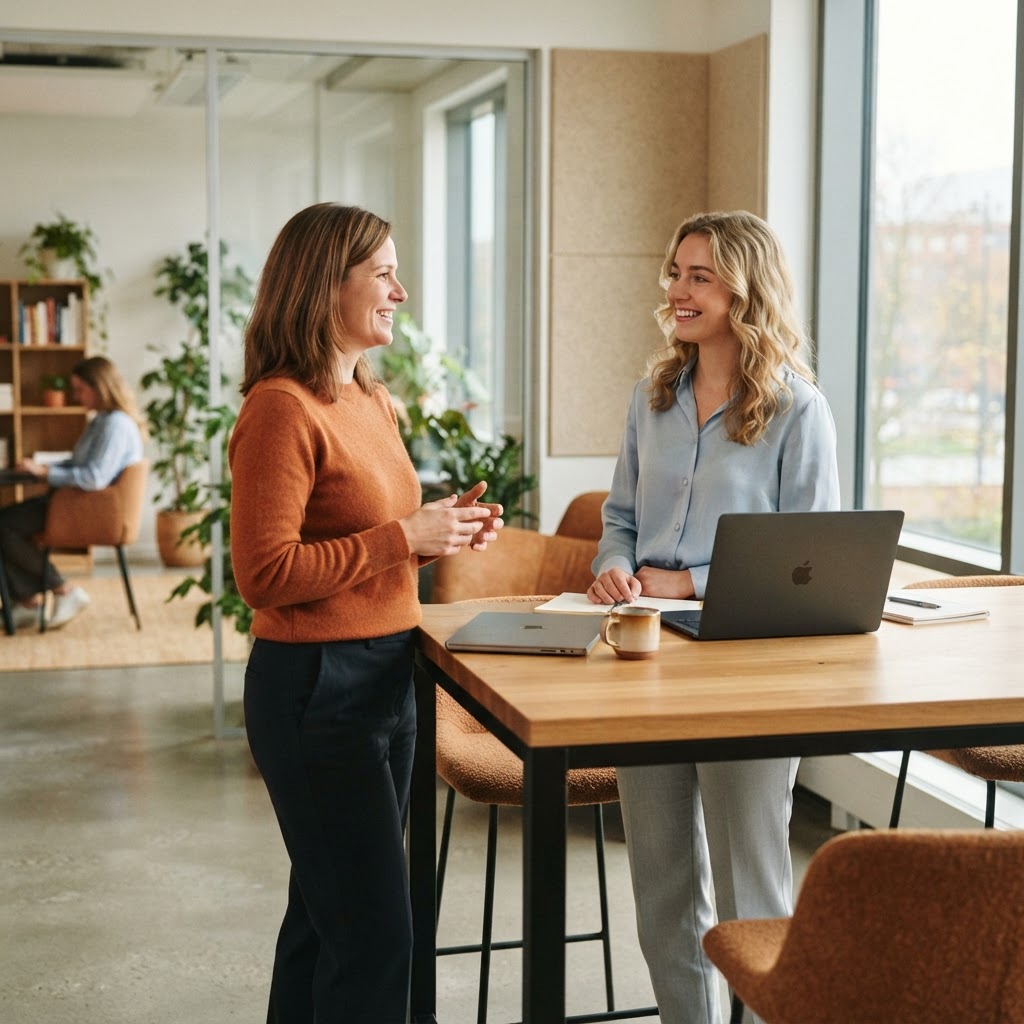 Colleagues collaborating in a bright modern office