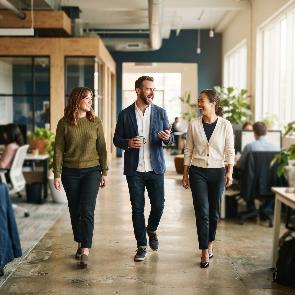 Diverse team laughing and walking in a modern office