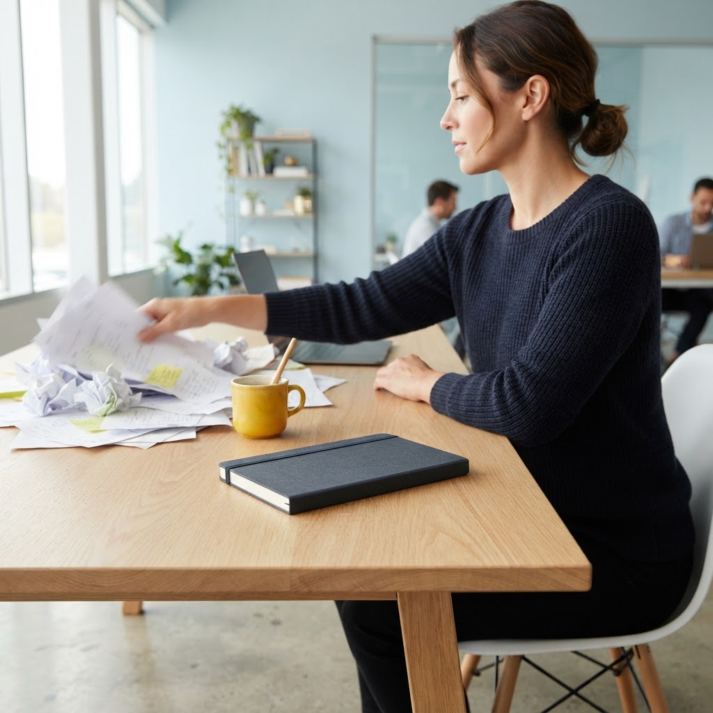 A person clearing desk clutter for a clean workspace