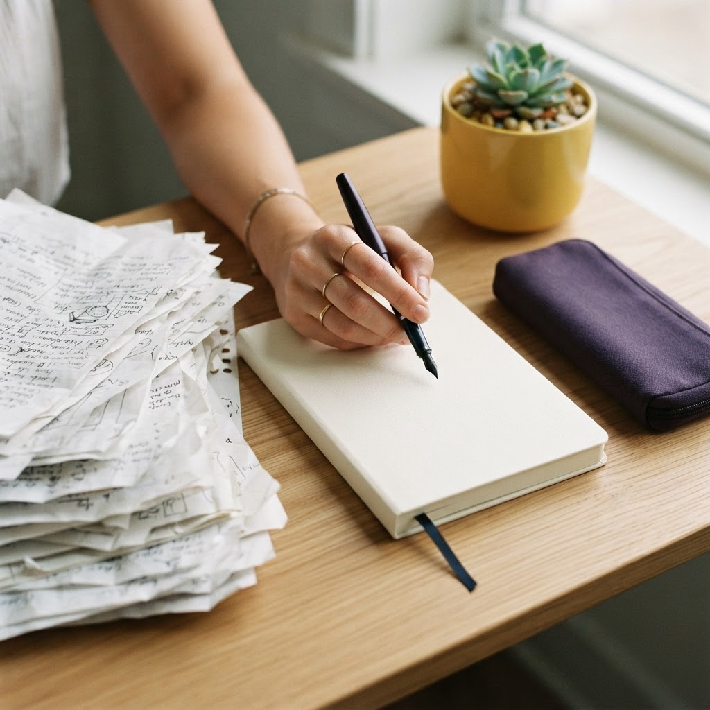 Hands organizing paper documents into a clean planner