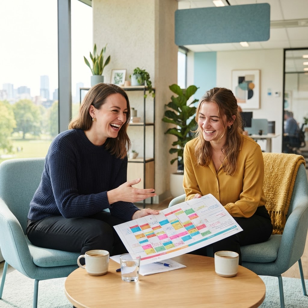 Two colleagues collaborating over an organized team calendar