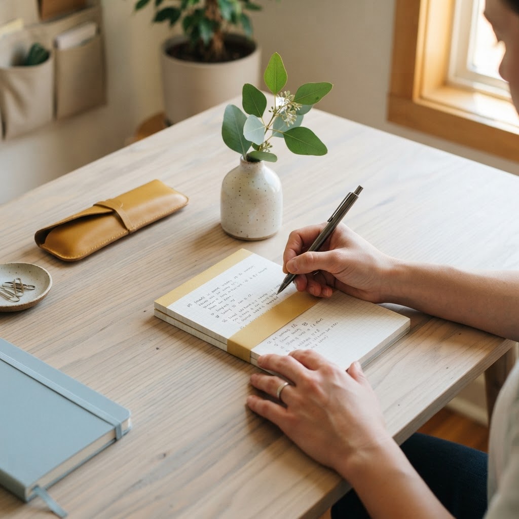A clean and organized desk workspace with stationery