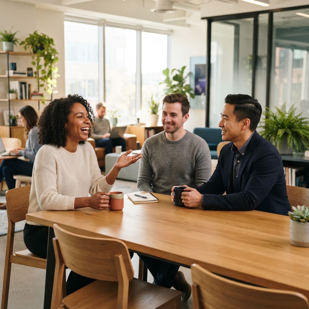 Colleagues having a friendly conversation in a modern office