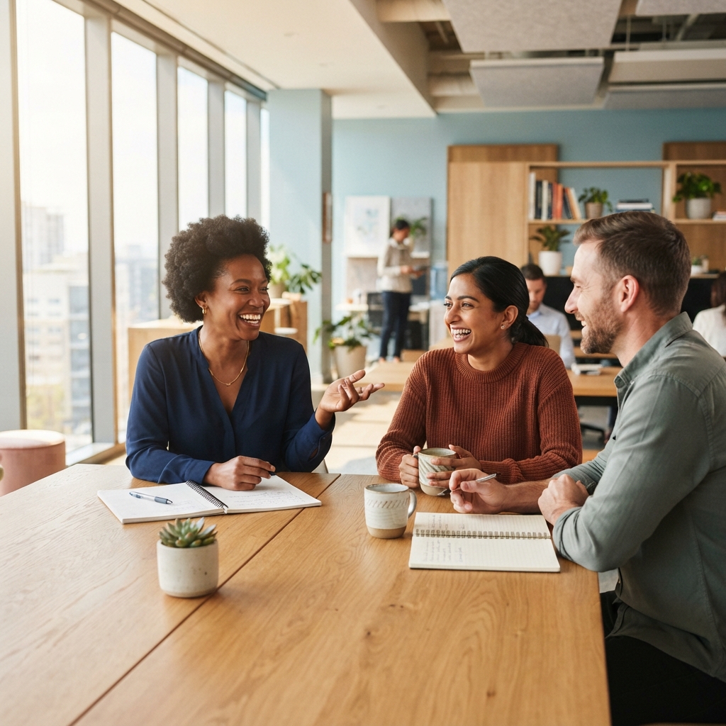 A collaborative team meeting in a sunlit office