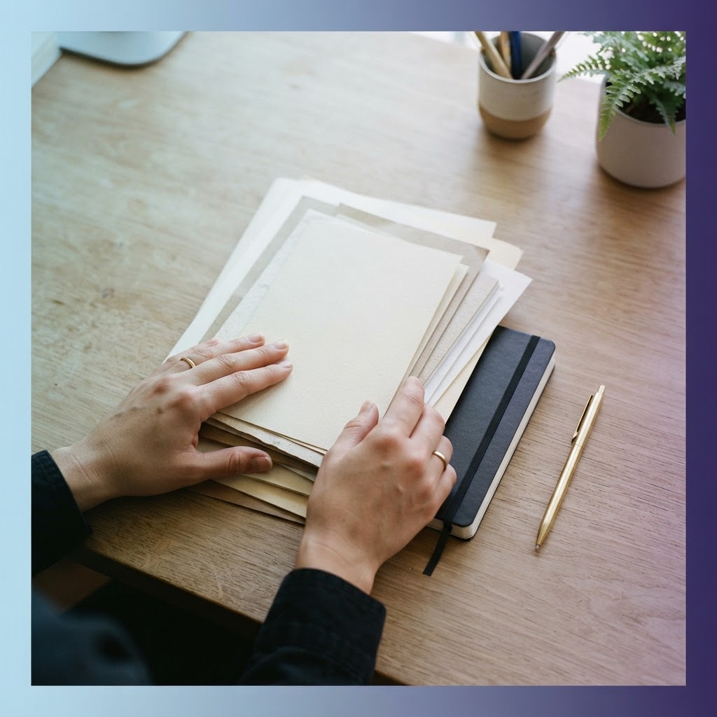 Hands organizing papers on a clean desk