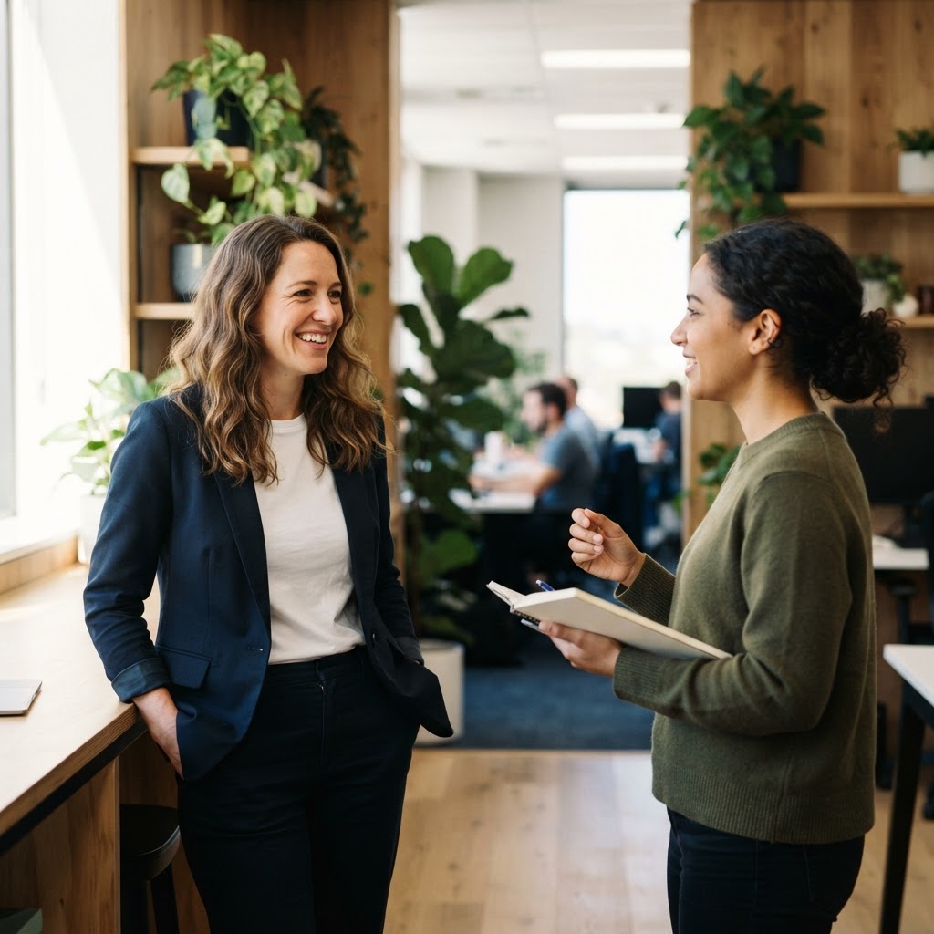 Two colleagues talking in a bright modern office