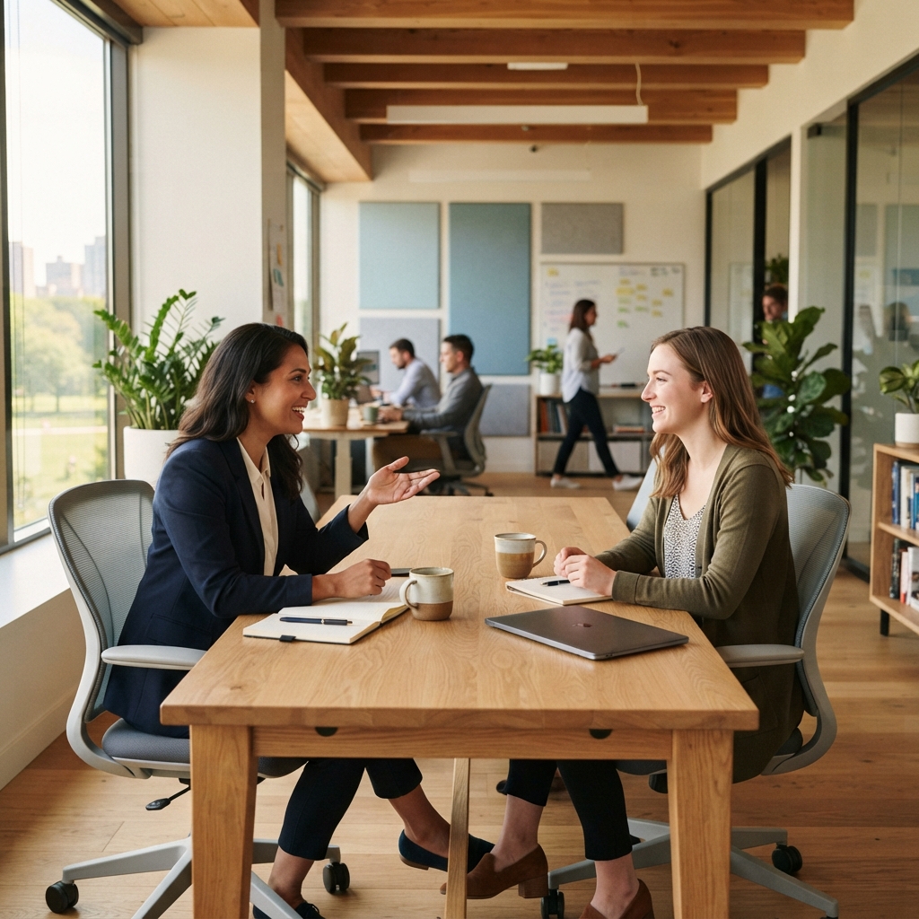 Two colleagues collaborating in a bright modern office space