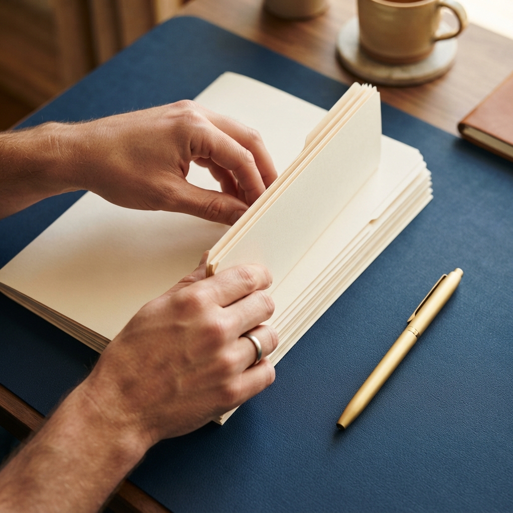 Hands organizing physical folders on a modern desk