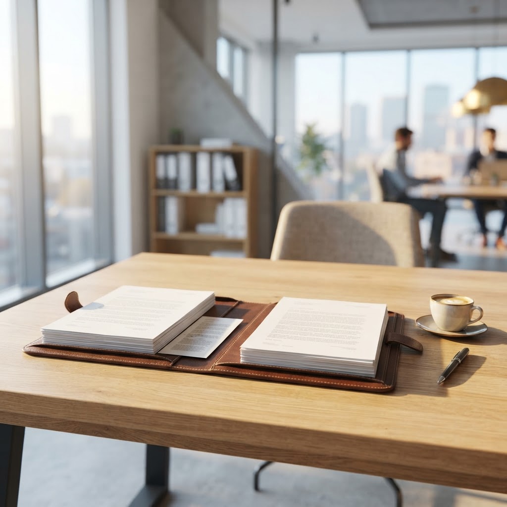 Organized professional documents on a wooden office table
