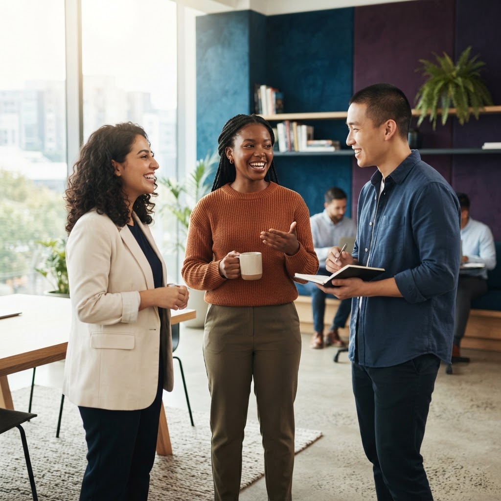 Team members collaborating in a modern bright office