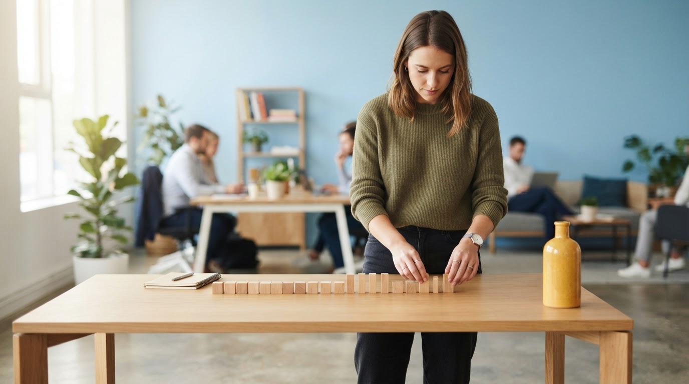 A person organizing wooden blocks on a desk