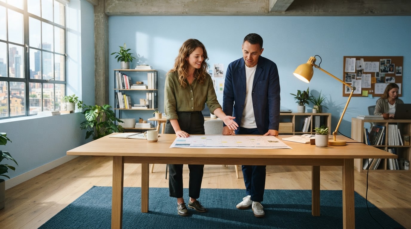 Colleagues reviewing a printed calendar in a creative studio