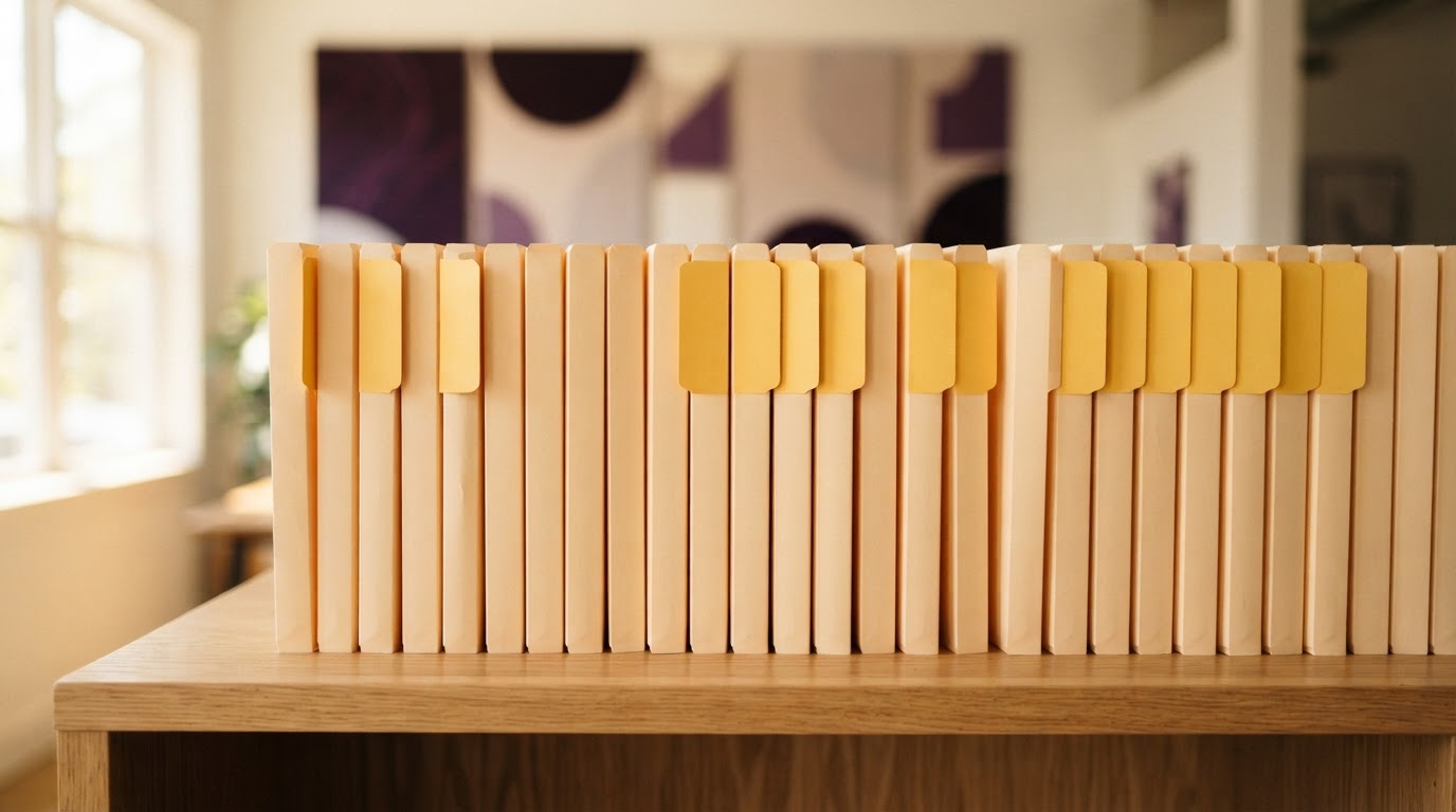 Organized folders on a shelf in a sunlit office