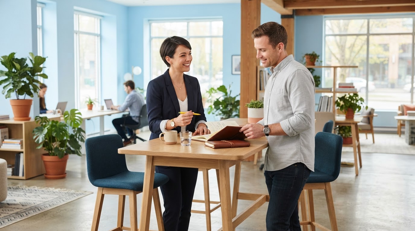 Two colleagues collaborating over a notebook in a bright office