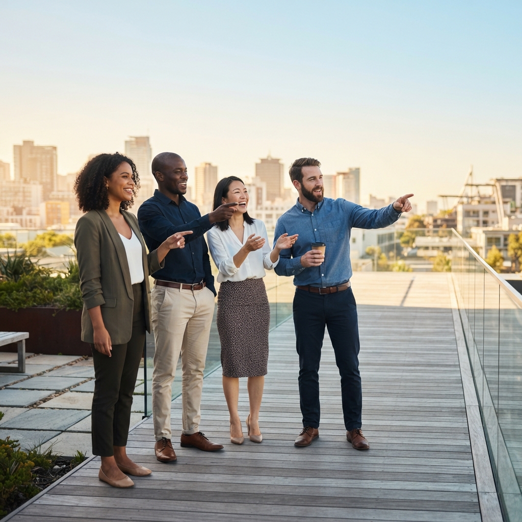 Diverse team laughing and talking on an outdoor terrace