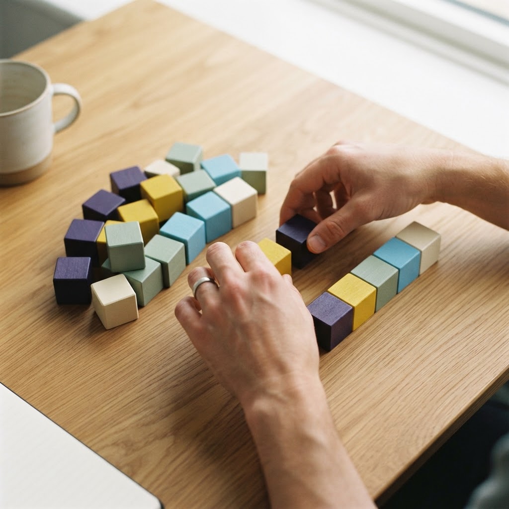 Hands organizing wooden blocks on a clean desk