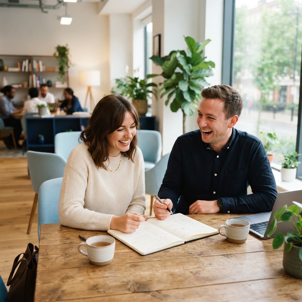 Two colleagues collaborating in a bright modern office