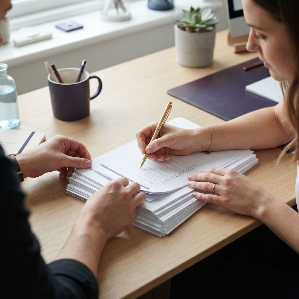 Hands organizing paperwork on a desk