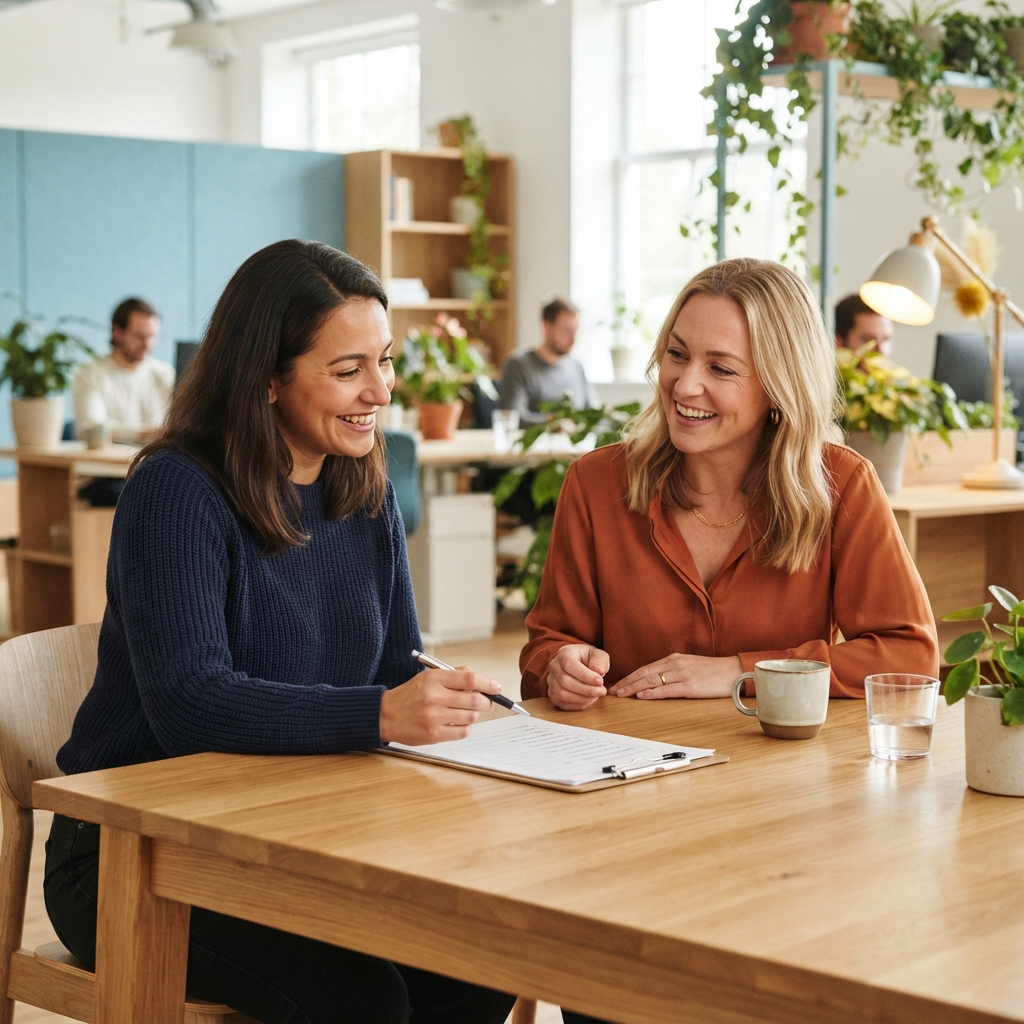 Two colleagues reviewing a checklist at a sunny table