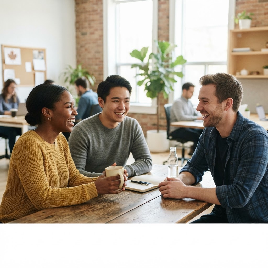 A diverse team laughing together in a modern office