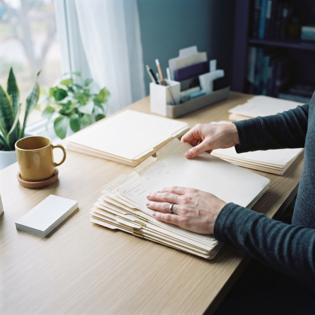 Organizing physical paperwork on a clean desk