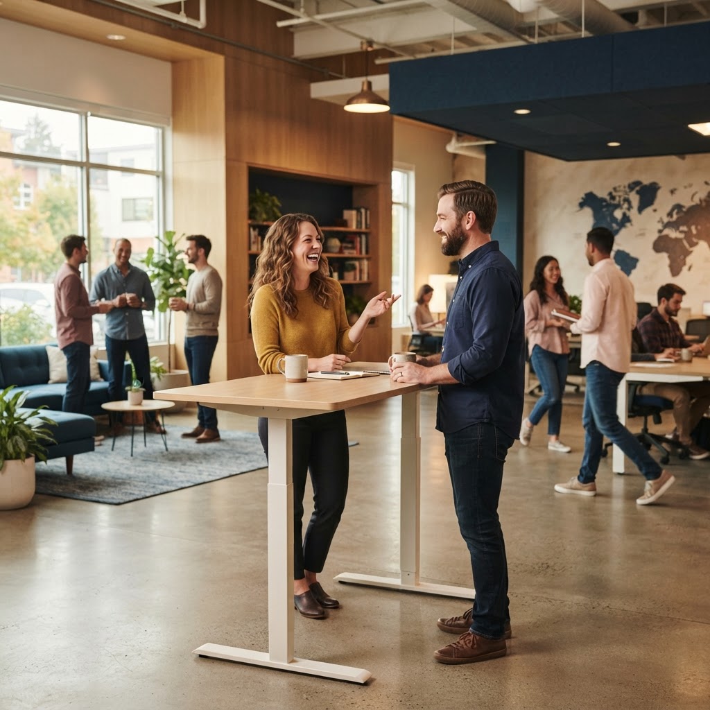 Two colleagues talking in a relaxed modern office