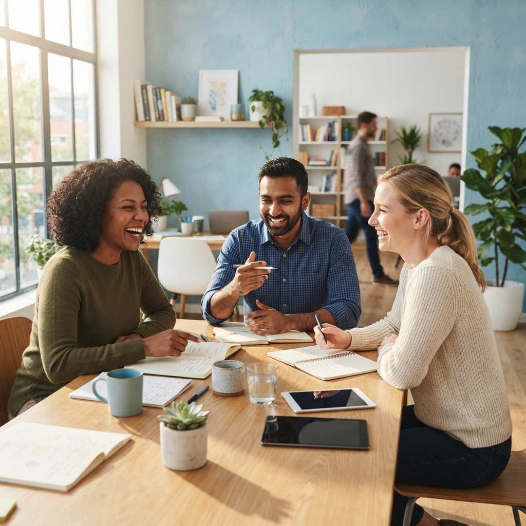 A happy team collaborating in a bright modern office