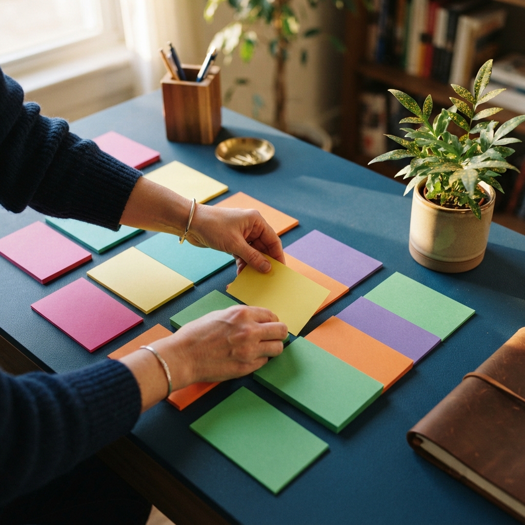 Hands organizing physical index cards on a desk