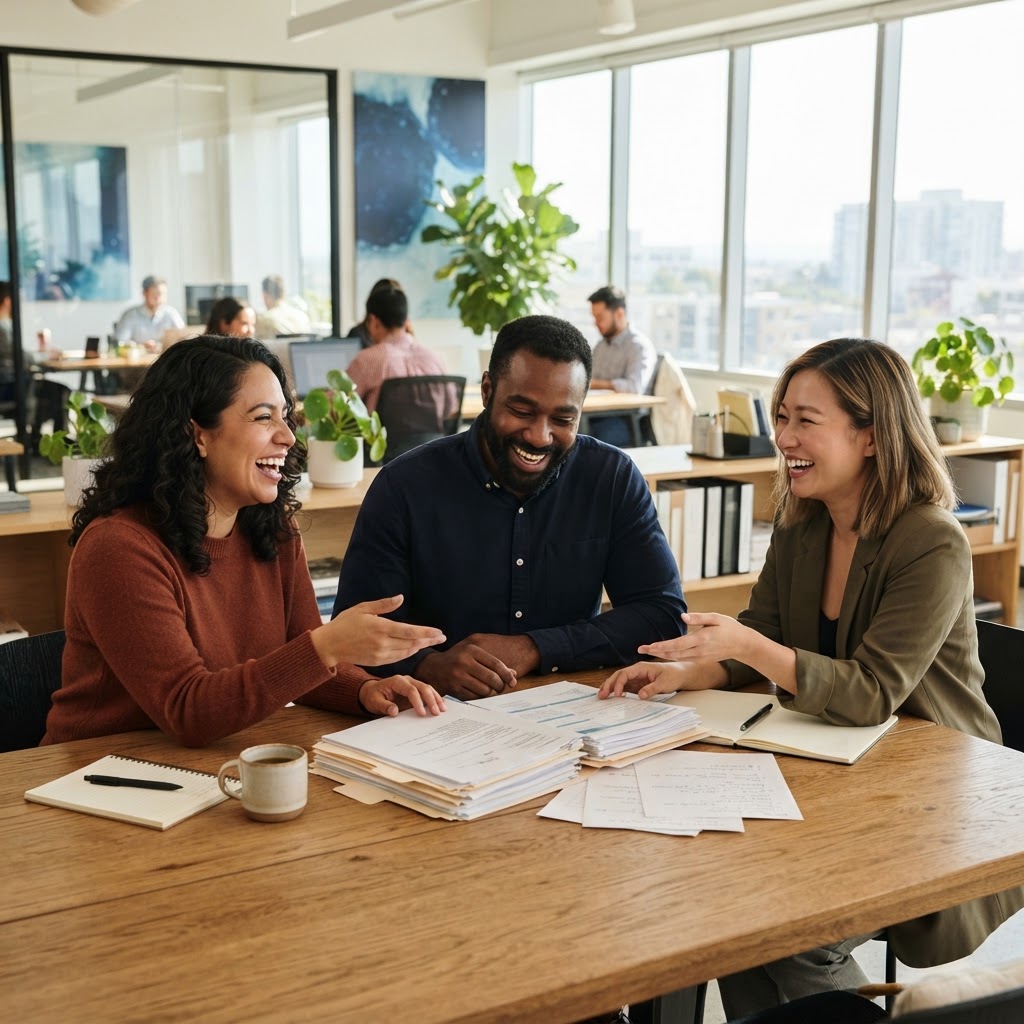 Colleagues collaborating in a bright modern office