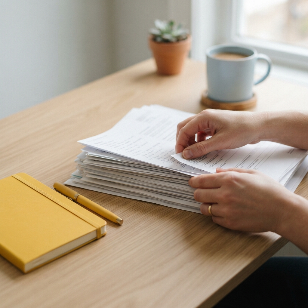 Organizing paperwork on a clean office desk