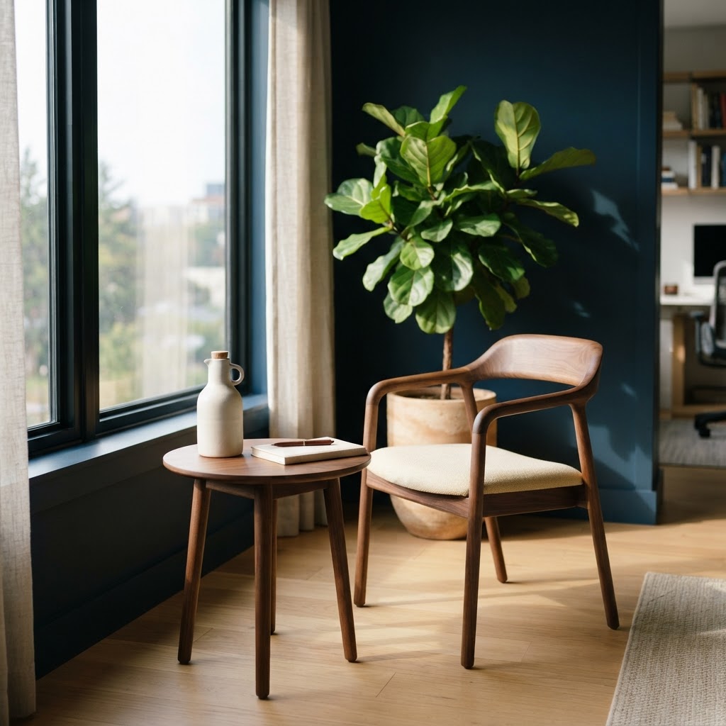 A quiet and minimalist workspace nook in a sunlit office