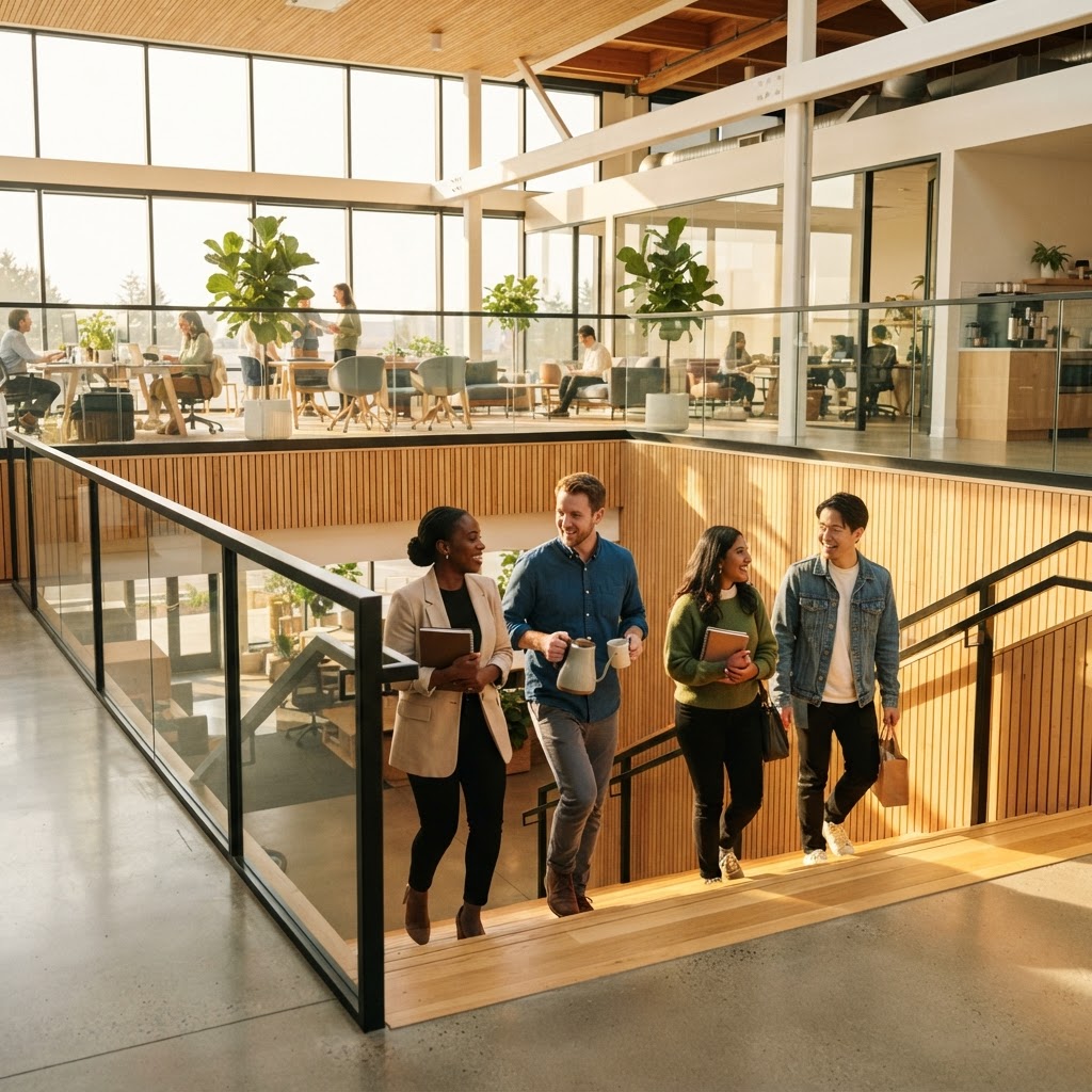 A team walking together in a modern bright office space