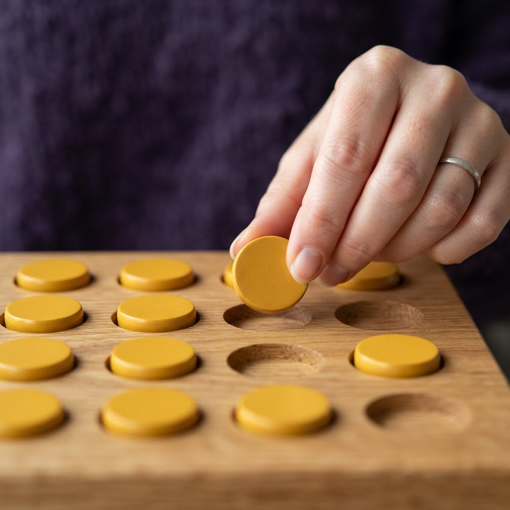 A wooden token being placed into a structured formation