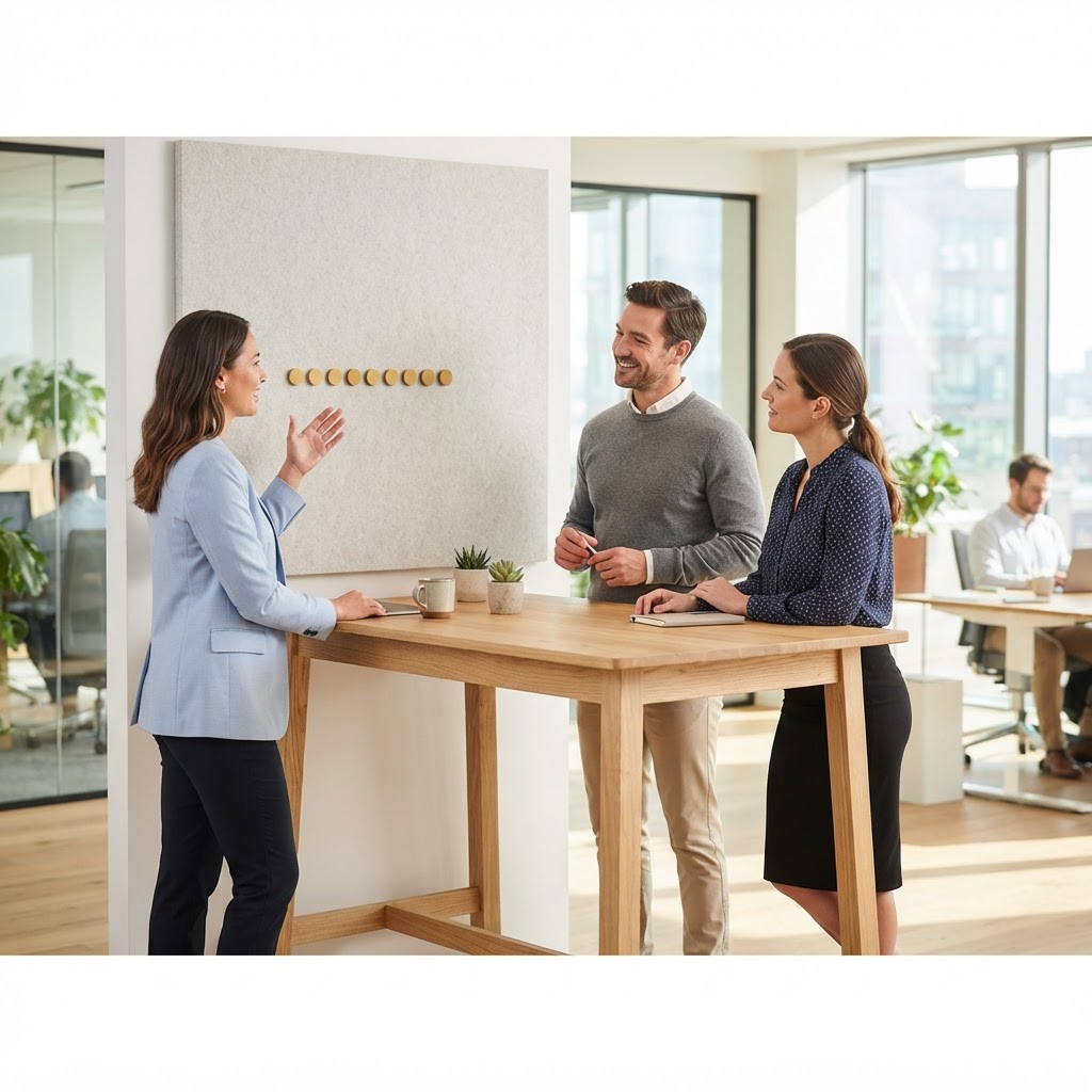 Colleagues collaborating at a standing desk in a bright office