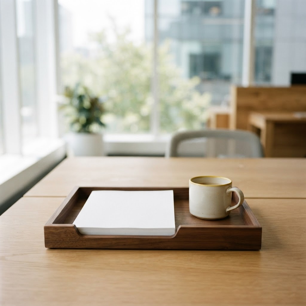 Clean organized desk space with paper and a mug