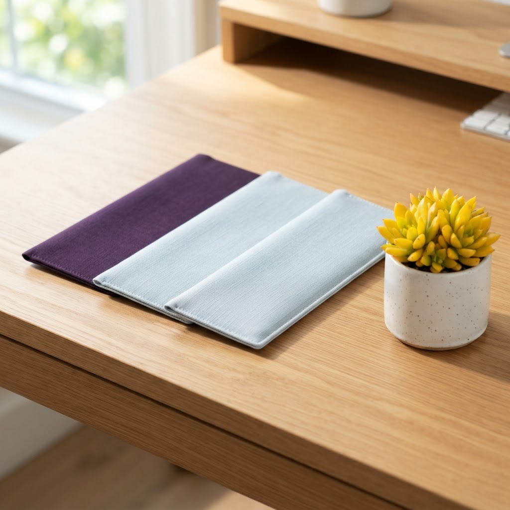Neatly arranged document folders and a small plant
