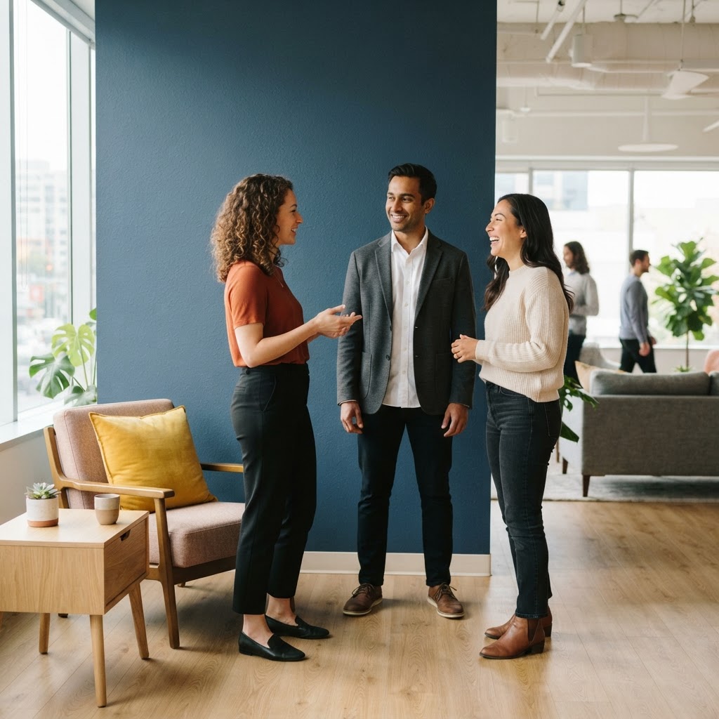 Three diverse colleagues having a friendly team conversation