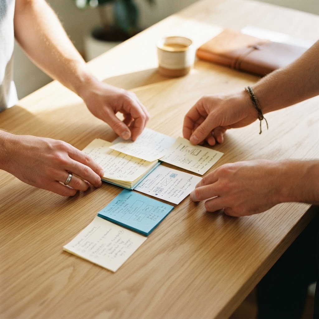 Two people organizing work notes on a desk