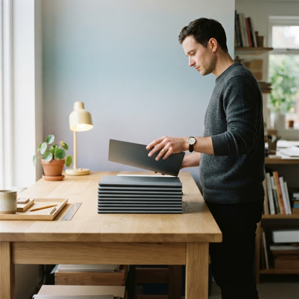 A person placing a folder onto a desk in a sunlit office