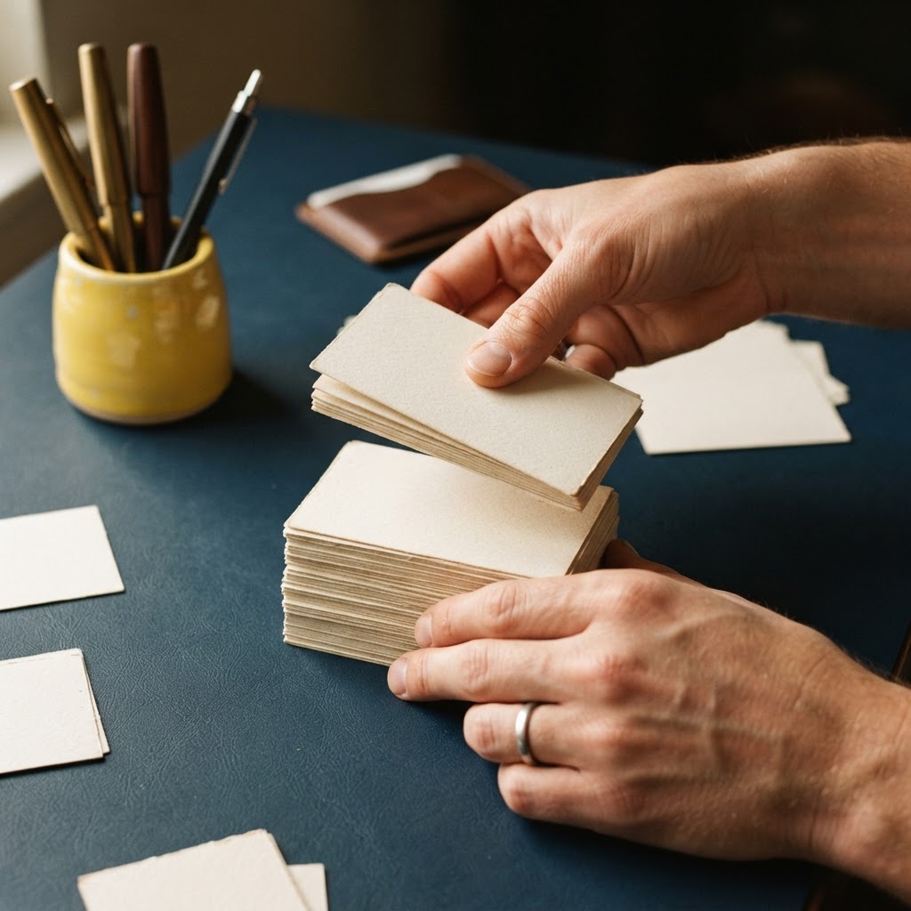Hands neatly organizing a stack of textured cards